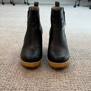 Dr. Scholl's Black Leather Platform Ankle Booties with Wood-Tone Sole